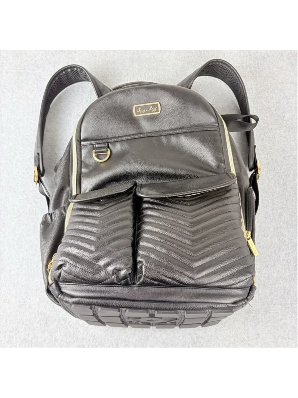 ITZY RITZY Boss Plus Diaper Backpack Black Vegan Leather Gold Hardware